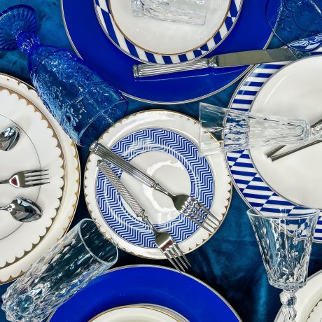 Caspian blue China and Charger, Leah Blue Glassware.