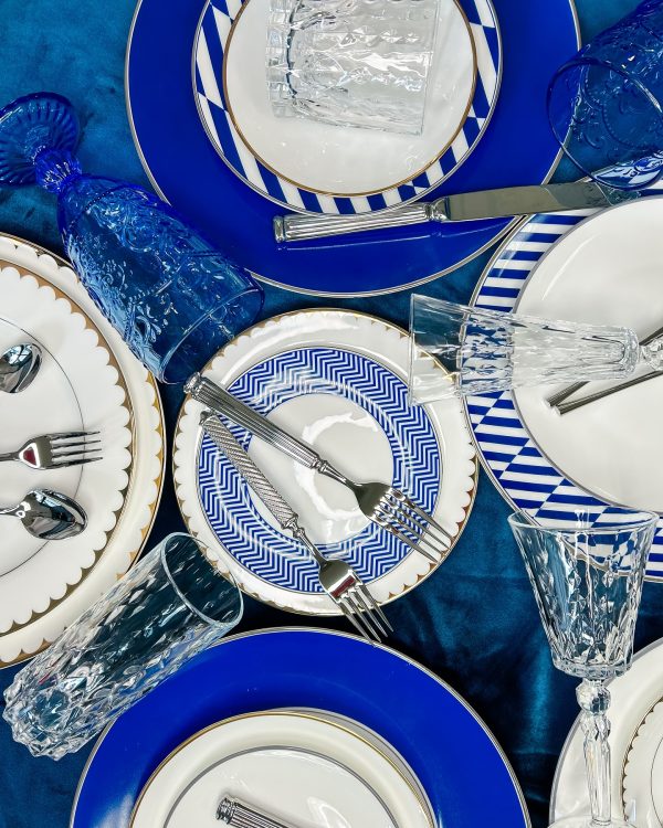 Caspian blue China and Charger, Leah Blue Glassware.