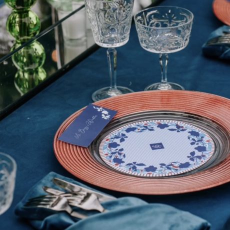 Cleo Coral Charger and Palermo Glassware, Tabletop rental, Palm Beach