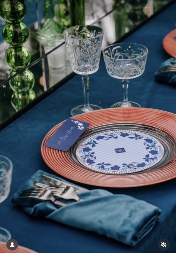 Cleo Coral Charger and Palermo Glassware, Tabletop rental, Palm Beach