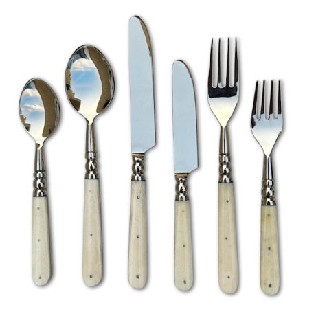 Lucia Bone White Flatware Collection, Lucia Bone White Soup Spoon, Lucia Bone White Large Spoon, Lucia Bone White Butter Knife, Lucia Bone White Dinner Knife, Lucia Bone White Salad Fork, and Lucia Bone White Dinner Fork